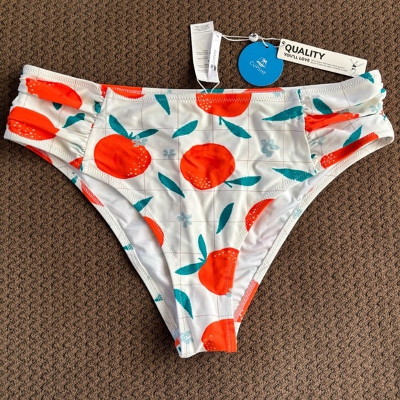 Cupshe Bikini Bottom White Oranges Ruched Sides Fruit Swim Women's Size XL NWT - Picture 1 of 3